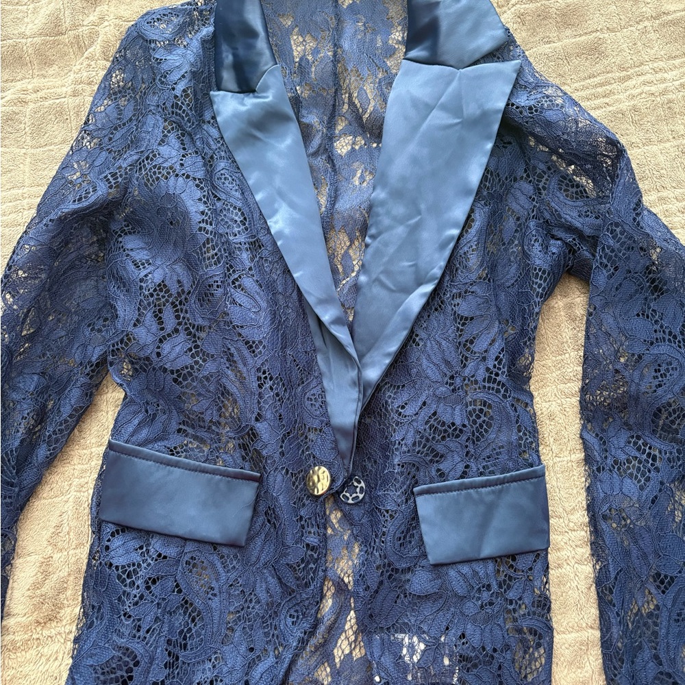Navy Lace Blazer with Satin Trim - Unbranded